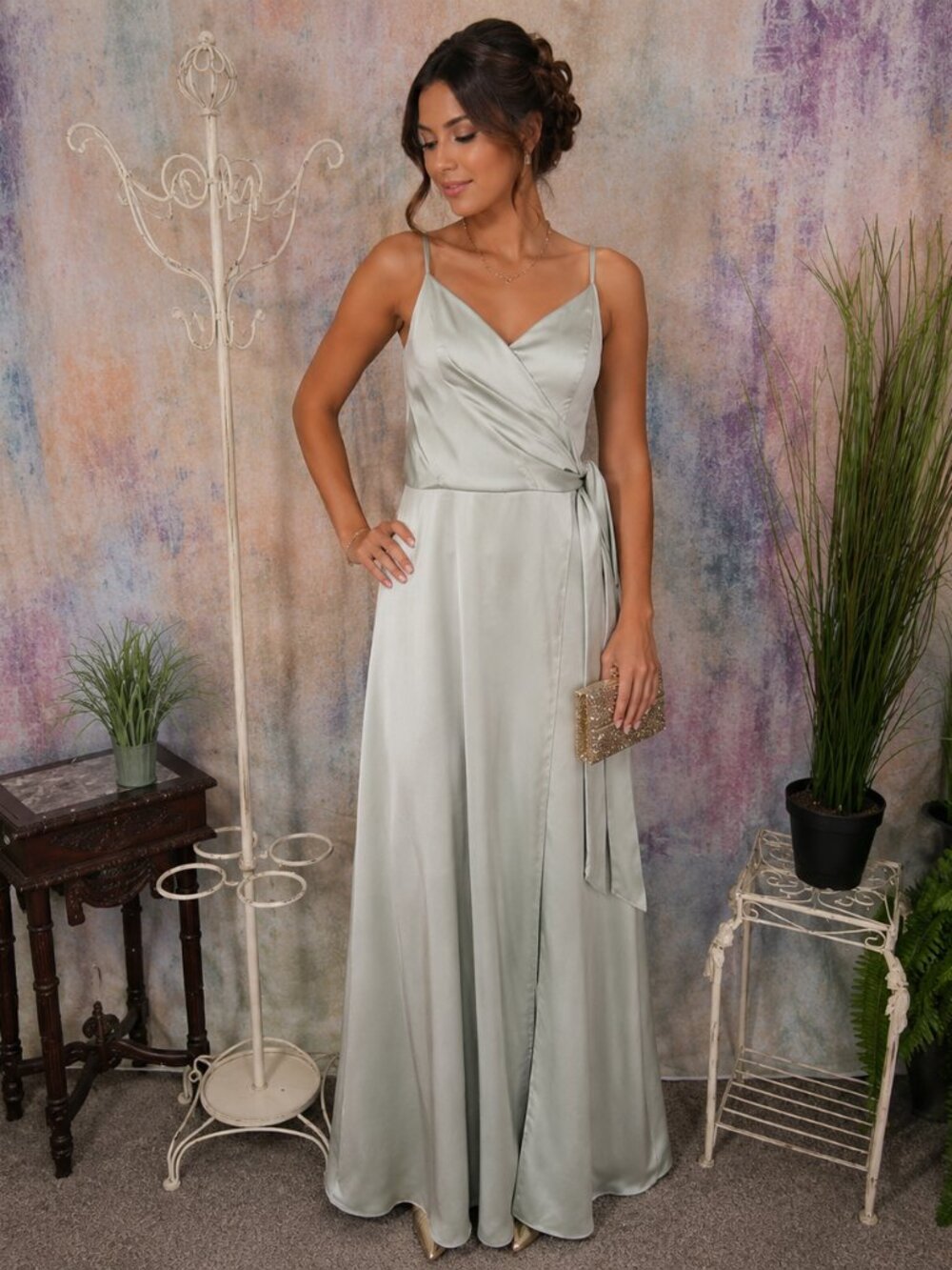 📌Aw Bridal Sage Green Soft Flowing Bridesmaid - Prom - Formal Satin Dress
